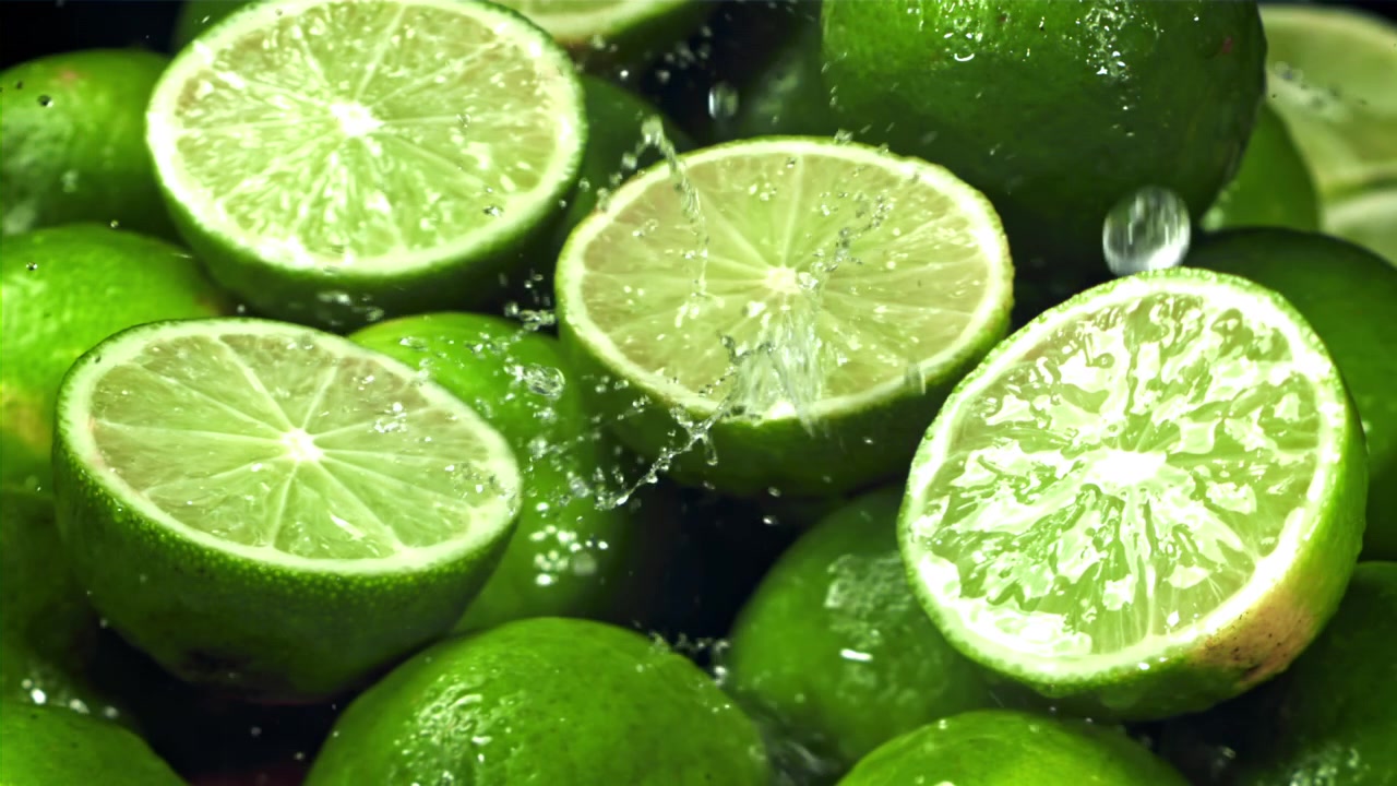 Lime freschi con schizzi d'acqua al rallentatore