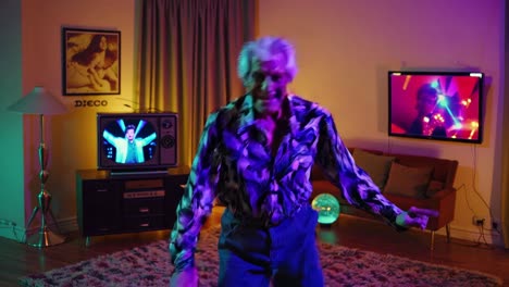 an older man disco dancing in a retro living room