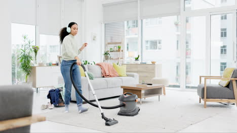 cleaning, music and woman dance with vacuum