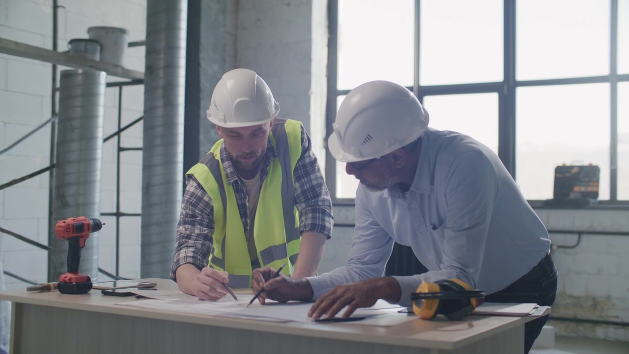Engineer and Architect Discussing Technical Drawings at Worksite
