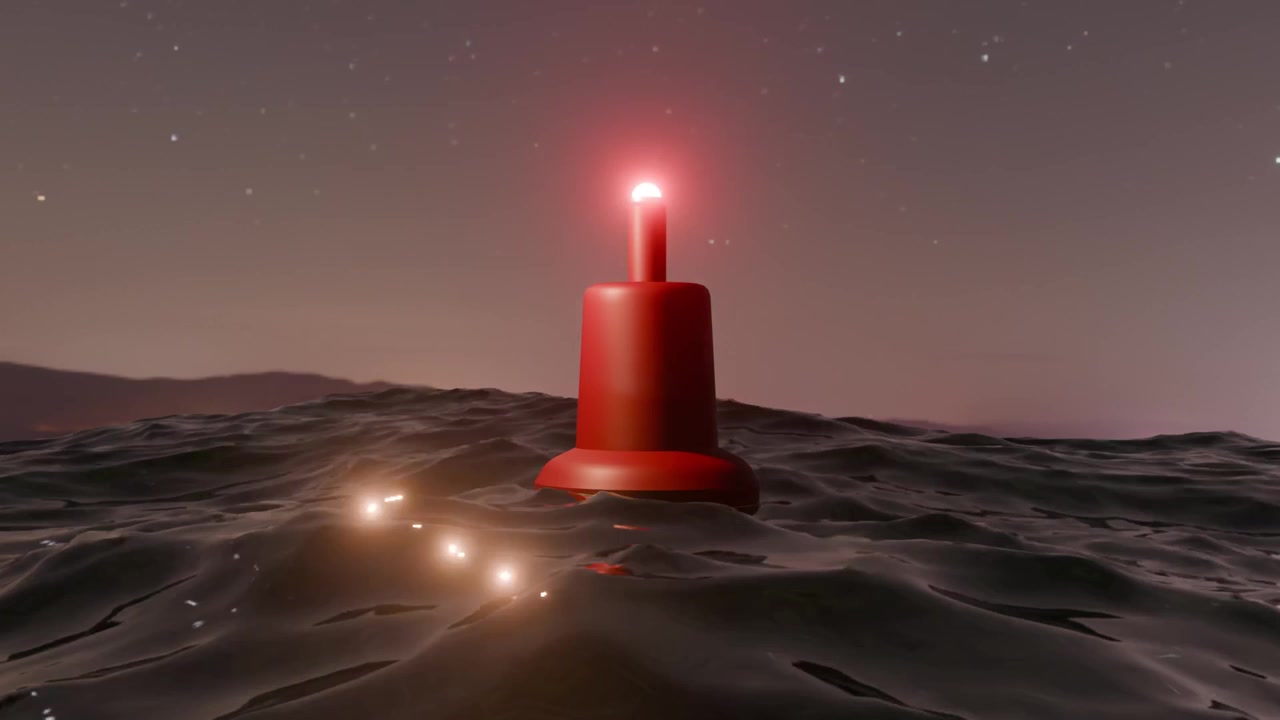 Cinematic 3D animation of a red spherical navigation buoy swaying in large ocean waves near a distant coastline. The buoy features a flashing red warning light.
