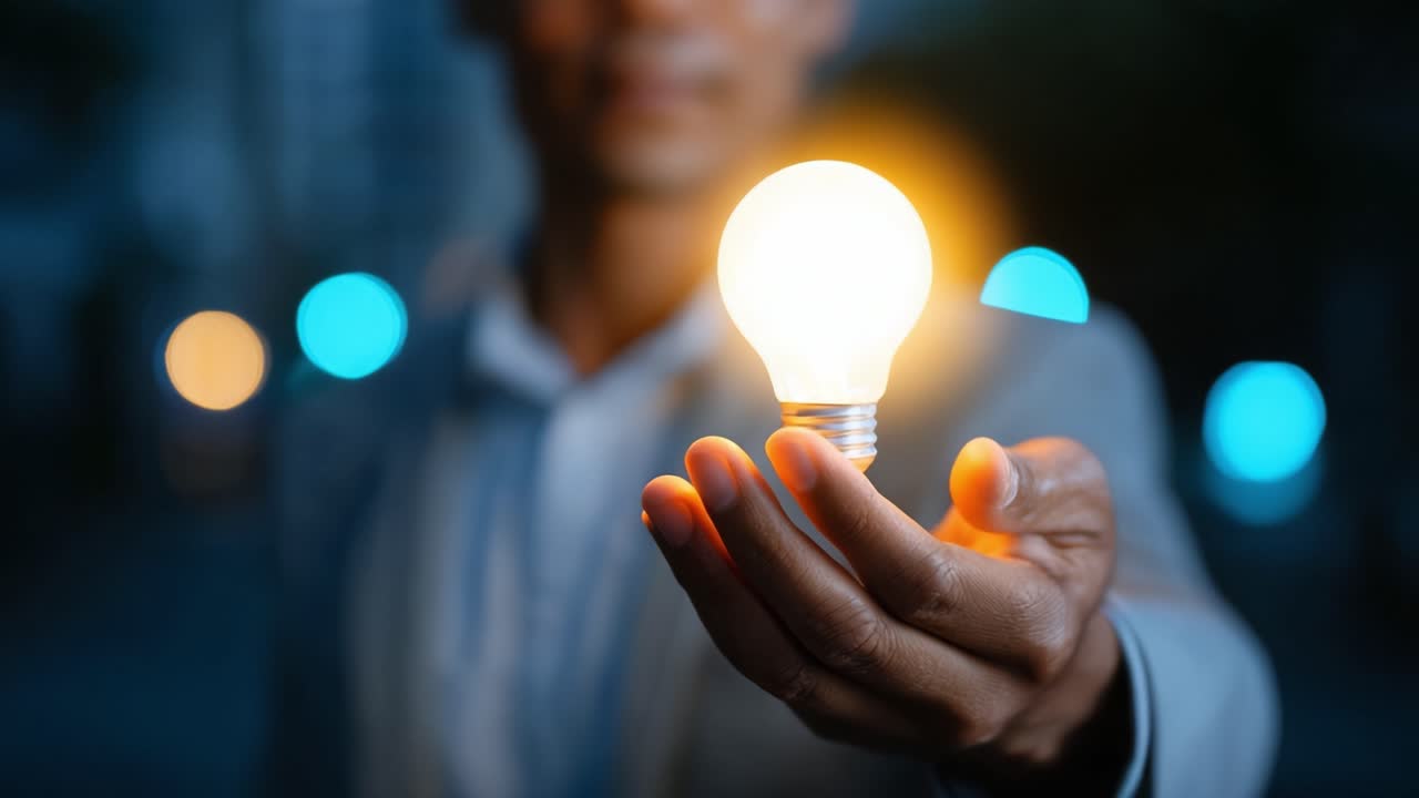 A person holds a glowing light bulb, symbolizing ideas, inspiration, and innovation in a dimly lit setting, embodying creativity and illumination
