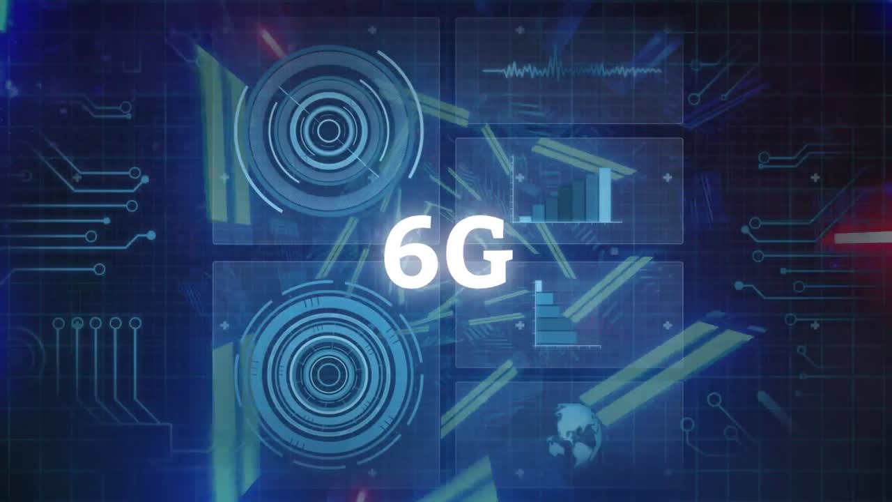 Animation of 6g text over scope scanning and computer circuit board