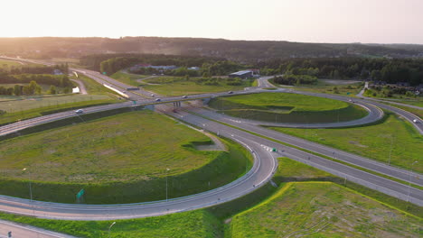 sunset aerial over highway s6 traffic in kielno, gdynia, poland