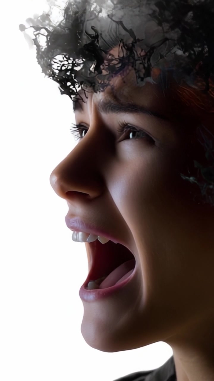 Un potente ritratto di lotta emotiva e tumulto interiore catturato con dettagli vibranti, evidenziando l'intensità di una persona che esprime i suoi sentimenti e le sue paure più profonde.