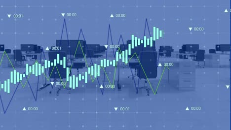 Animation-Mehrerer-Diagramme-Mit-Wechselnden-Zahlen-über-Unbesetzten-Stühlen-Und-Schreibtischen-Im-Büro