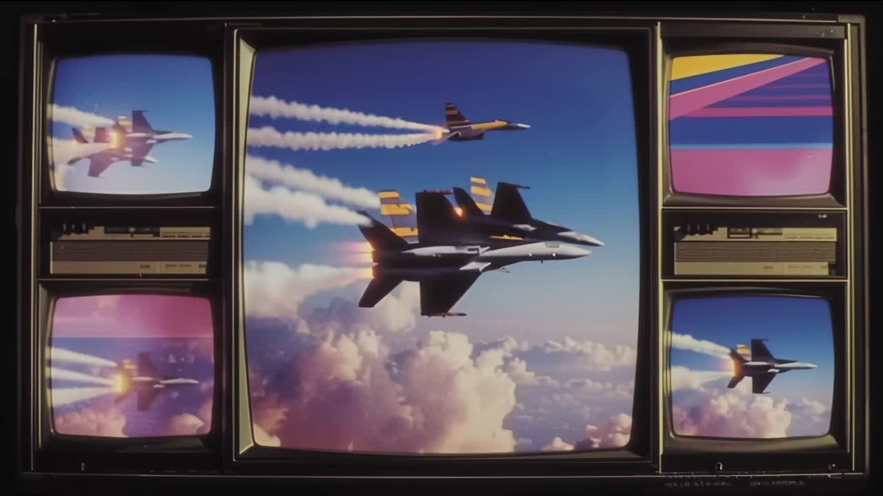 Televisori CRT vintage mostrano filmati dinamici di moderni jet da combattimento che volano in formazione sopra vivaci nuvole al tramonto, fondendo l'estetica della tecnologia retrò con l'azione aeronautica frenetica