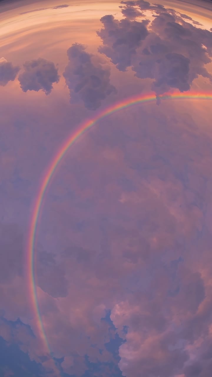 A surreal video scene with a fisheye lens angle capturing a vibrant rainbow arching across a dreamy