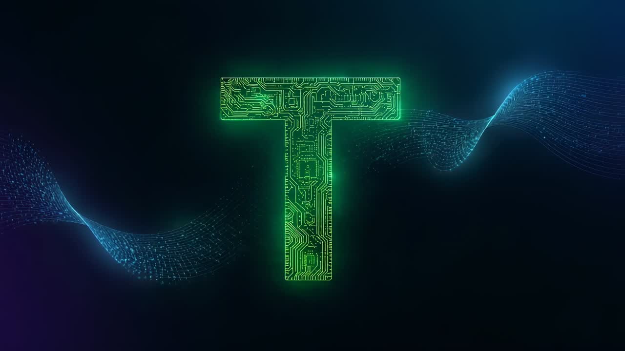 Animation starting circuit board T emitting neon green aura in cyberspace, blue particle waves
