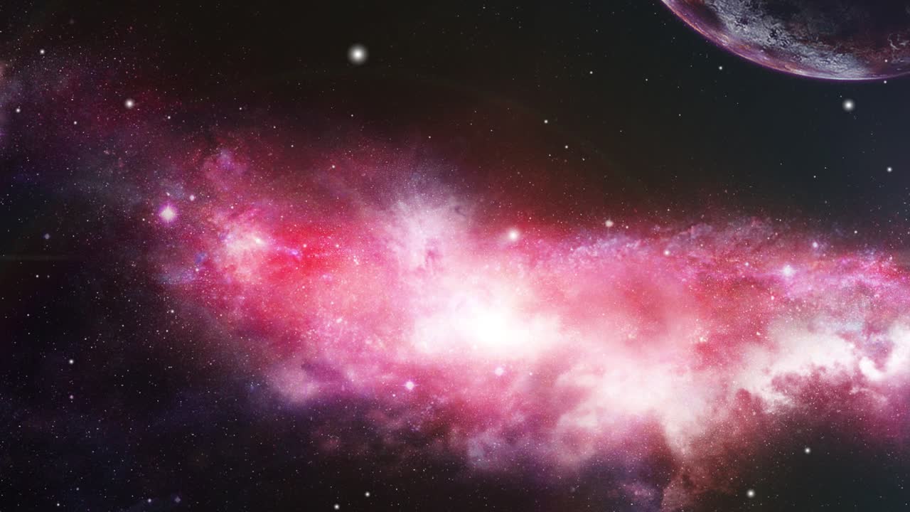 planets and pink nebula clouds in the middle of the universe