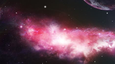 planets and pink nebula clouds in the middle of the universe