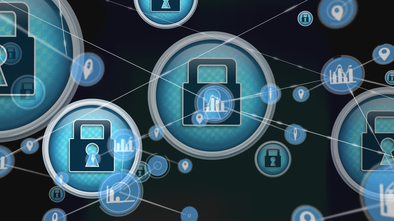 Animation of network of connections over padlocks on black background