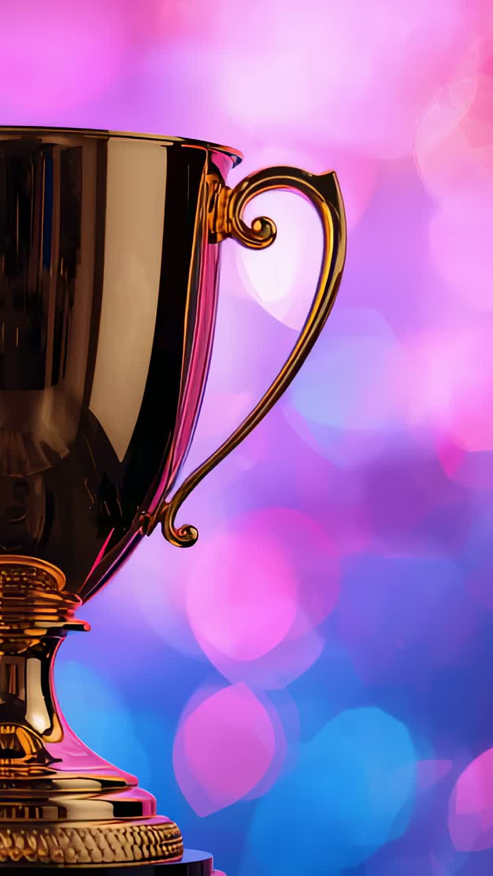 Vertical video: Sliding camera showing left gold trophy cup in studio for promo, handle, copy space