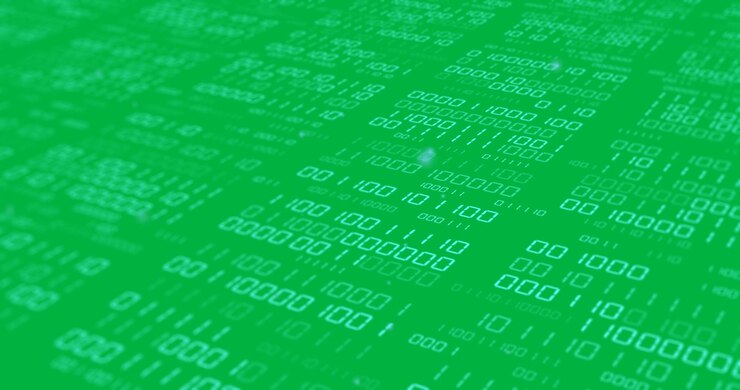 Animation of blue light spots and binary data processing on transparent background