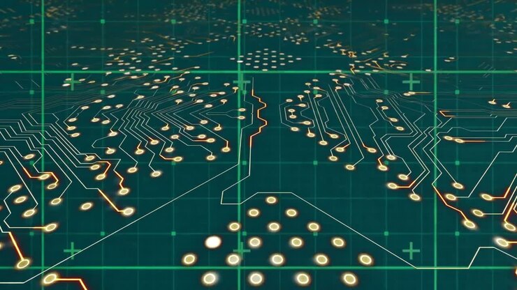 Animazione di griglia e socket per processore su sfondo blu.
