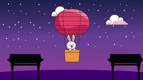 animación del festival de mediados de otoño con un conejo en un globo de aire caliente por la noche