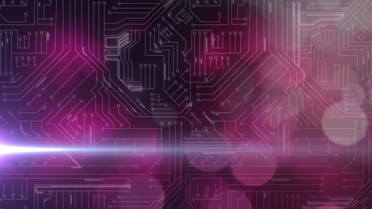 animación de rastros de luz brillante rosa que se mueven a través de la placa de circuito del procesador
