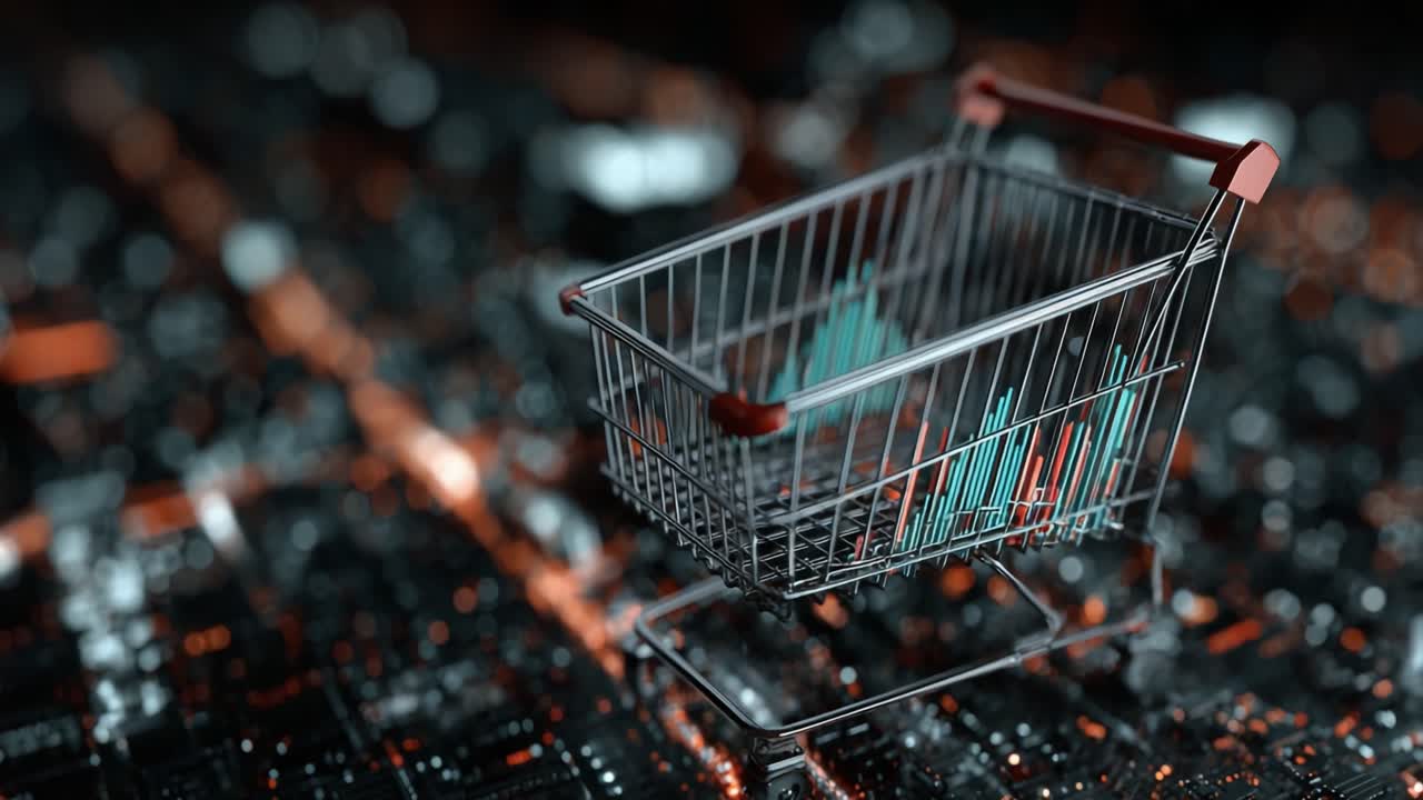 A 3D Rendered Shopping Cart Surrounded by Digital Data Representations, Symbolizing E-commerce Growth and Market Trends in a High-Tech Environment