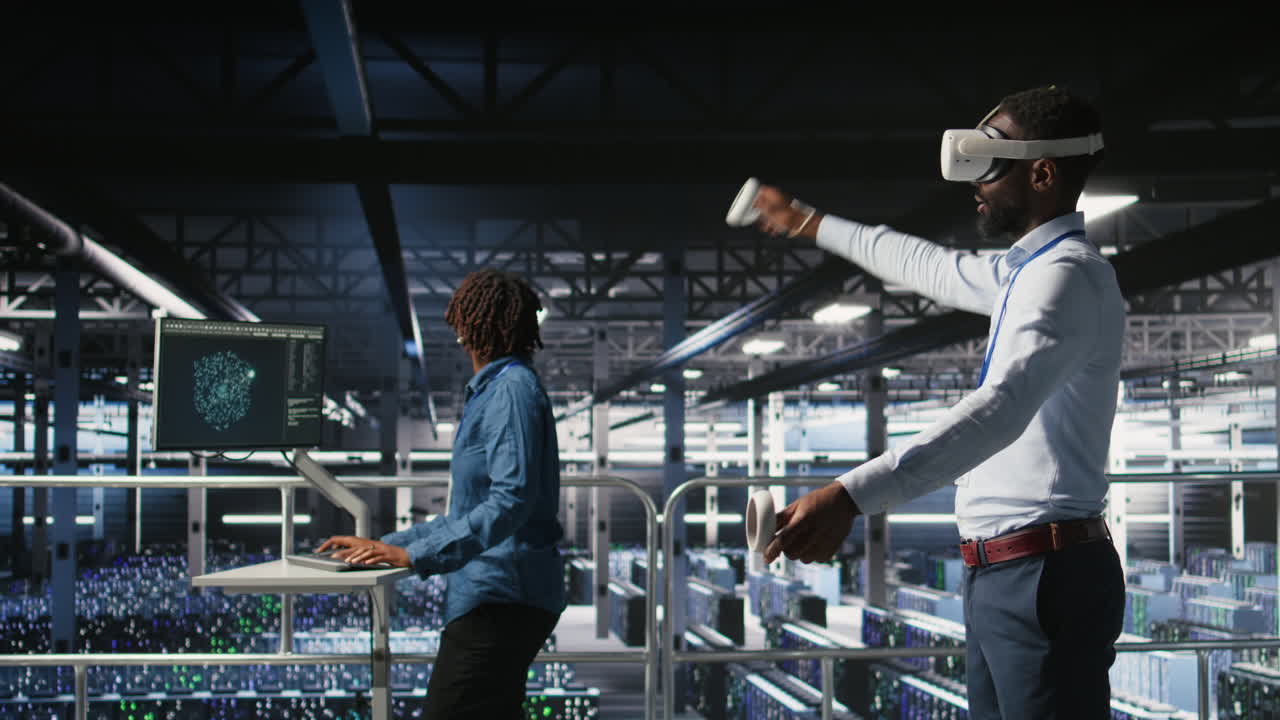 Engineer using VR headset in data center to update server tech