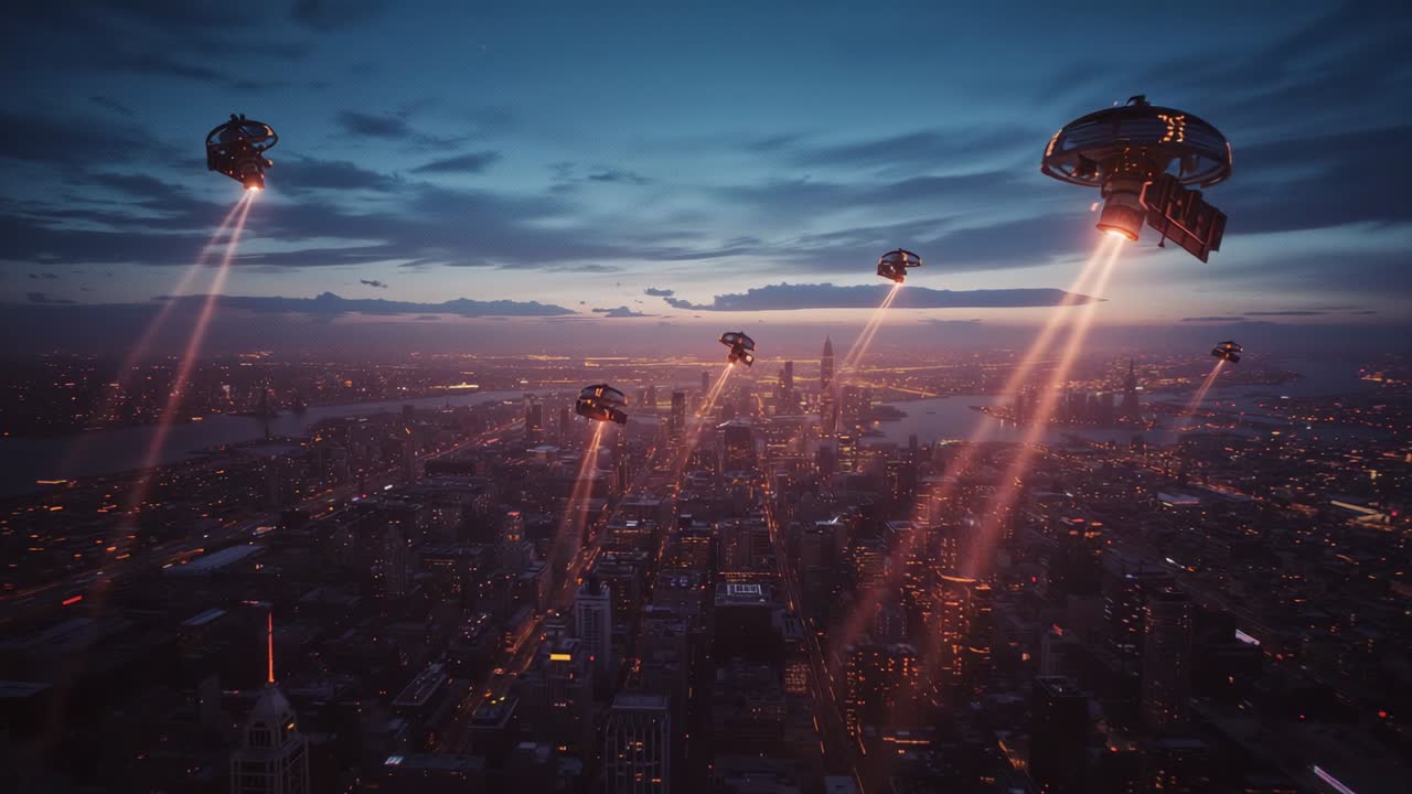 Darkening sky ushering disc-shaped craft descending over skyline scanning grid with orange beams