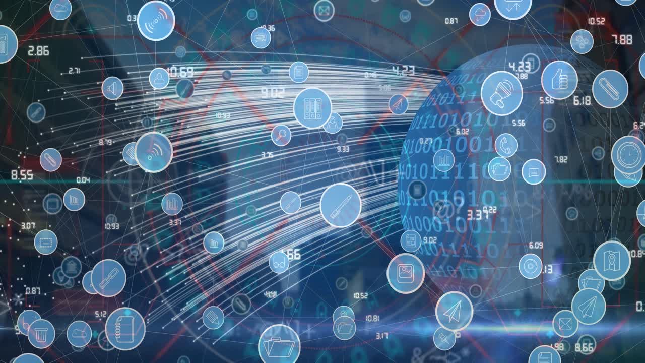 Animation of network of connections, icons and data processing over globe