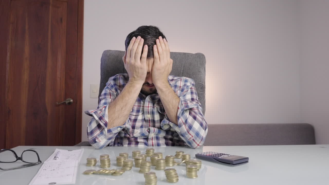 파산한 남자는 동전을 세고, 안경을 벗고 얼굴을 는다.