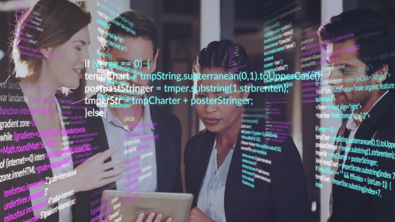 Team collaborating on tablet in technology office corridor, displaying multicolored code overlays