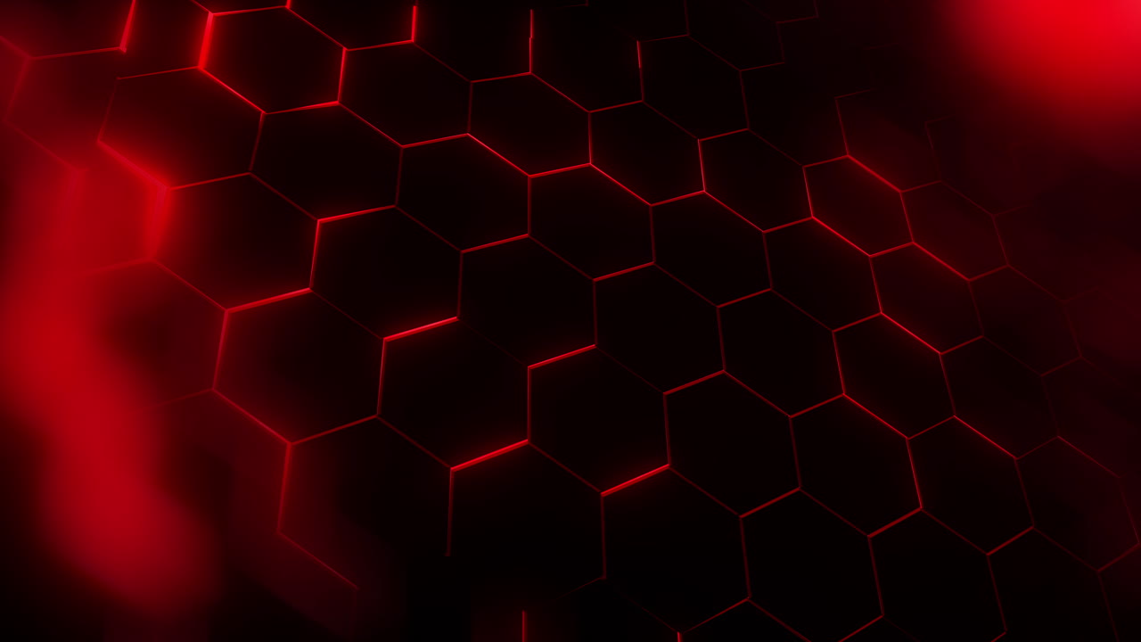 Red hexagonal shapes on dark background with glowing rays. Looped motion graphics with nice bokeh.