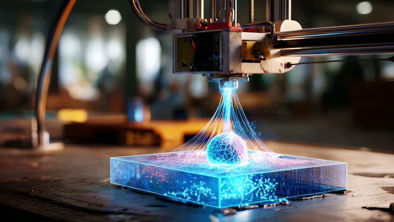 Advanced 3D Printing Technology Showcased: A High-Tech Machine Creates Stunning Visuals with Vibrant Blue Light, Transforming Simple Objects into Intricate Designs with Precision