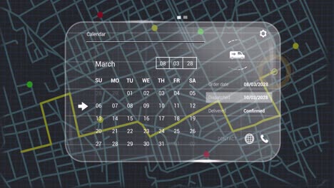 animation of digital interface with data processing over city map