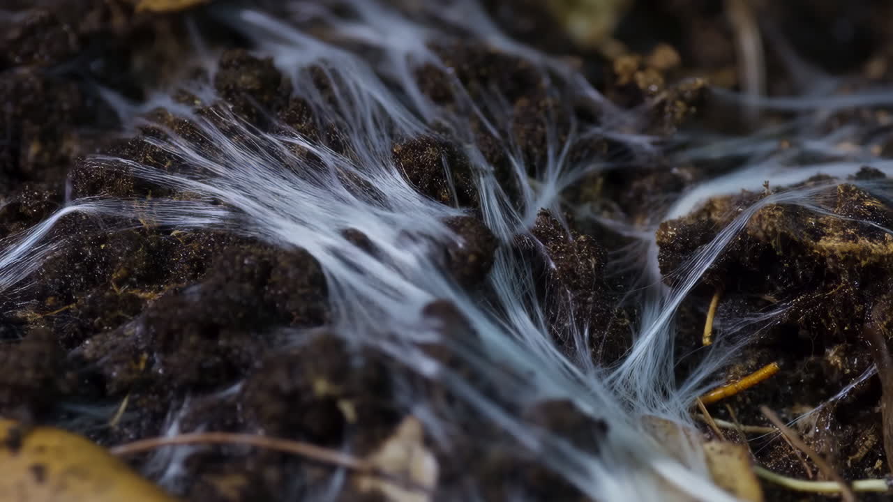 Close-Up of White Mycelium Threads in Soil