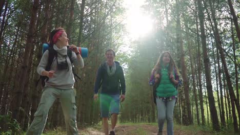 two cheerful girls and guy walking along forest road smiling and laughing