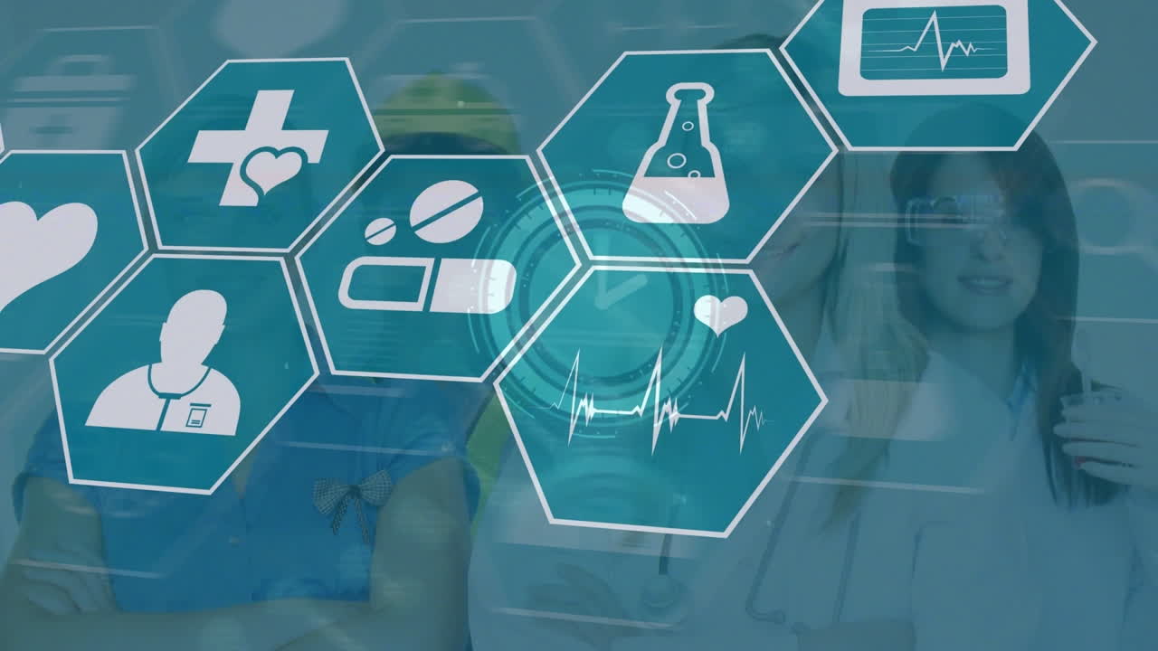 다양한 의사들에 대한 의료 아이콘 및 데이터 처리 네트워크의 애니메이션