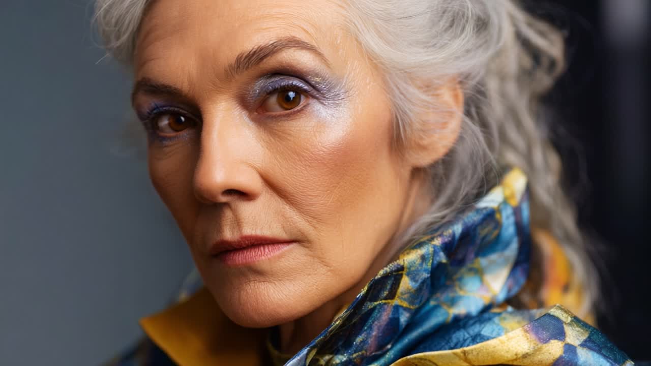 A captivating close-up portrait of an elegant elderly woman with striking makeup and a vibrant patterned shawl, exuding grace and confidence through her expressive gaze