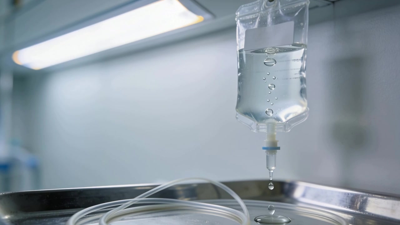 Sacca per flebo che gocciola con camera di gocciolamento che forma goccioline in clinica, la gravità che attira il fluido in un vassoio di metallo