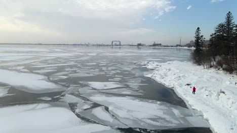 Winter-in-Minnesota,-Lake-Superior-frozen-ice-formations-Duluth,-North-Shore-MN