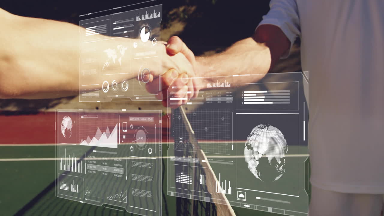 Tennis players shaking hands on outdoor court, displaying tech HUD with charts and world map