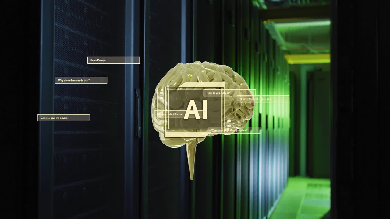 animación de texto ai, escáner, cerebro giratorio y cajas de diálogo en la habitación del servidor oscuro