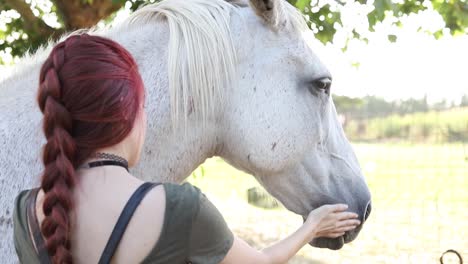 Chica-Alternativa-Pelirroja-Acariciando-Un-Hermoso-Caballo-Blanco-En-Una-Puesta-De-Sol,-Cuidando-Del-Caballo