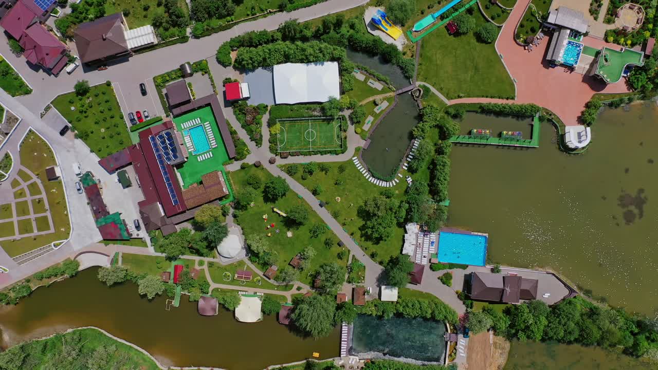 Aerial view of resort complex. Modern vacation resort complex with swimming pool