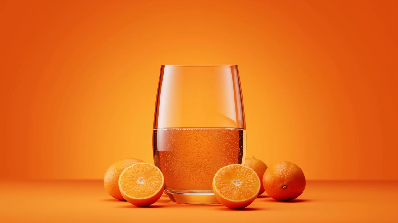 Et klart glass fylt med appelsinjuice er sentrert på en oransje overflate, omgitt av hele og skivede appelsiner i varmt studiolys med en ren minimal