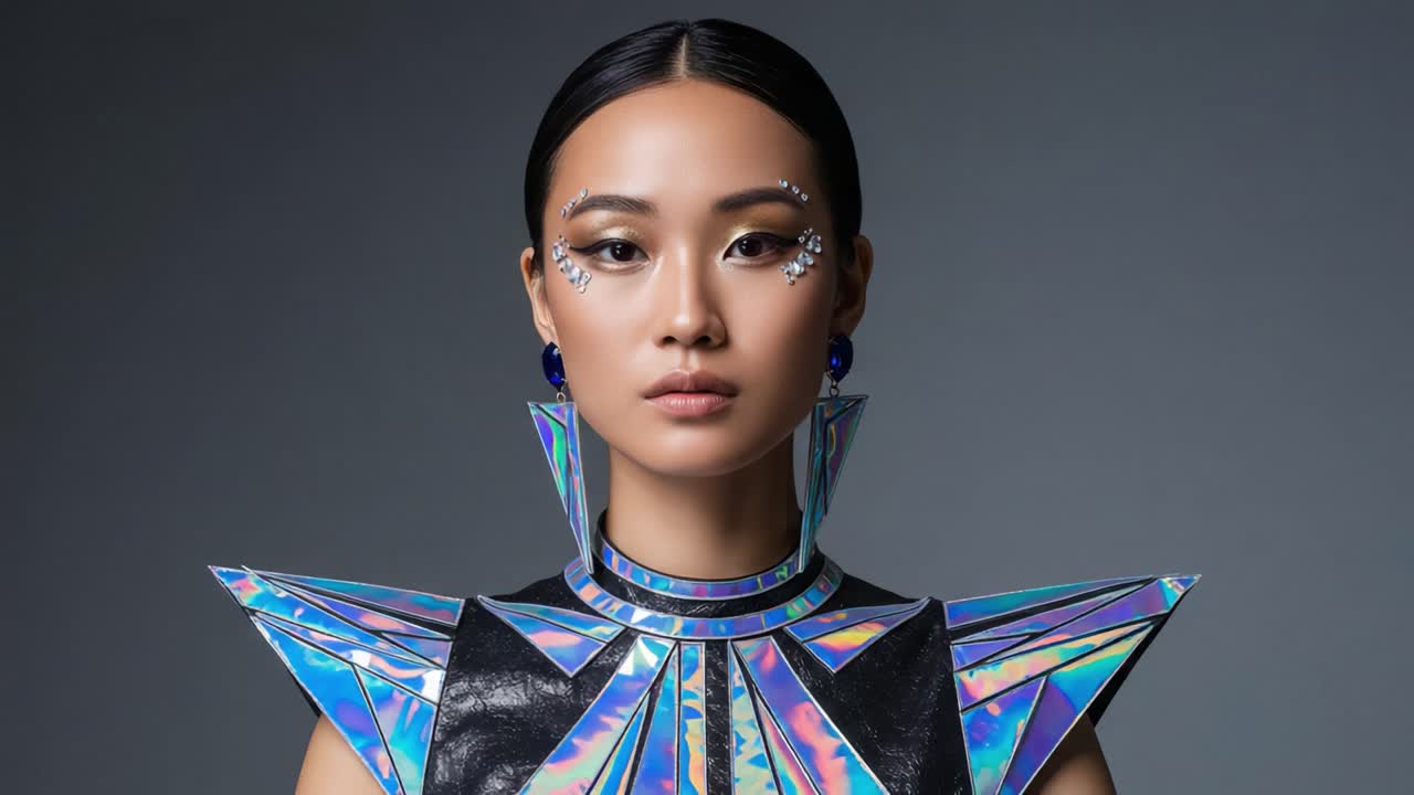 A Stunning Model Showcases Futuristic Fashion with Iridescent Details and Bold Makeup, Capturing the Essence of Modern Style and Creativity in Every Frame