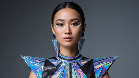 a stunning model showcases futuristic fashion with iridescent details and bold makeup, capturing the essence of modern style and creativity in every frame