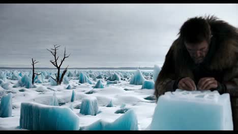 man working with ice in a snowy landscape