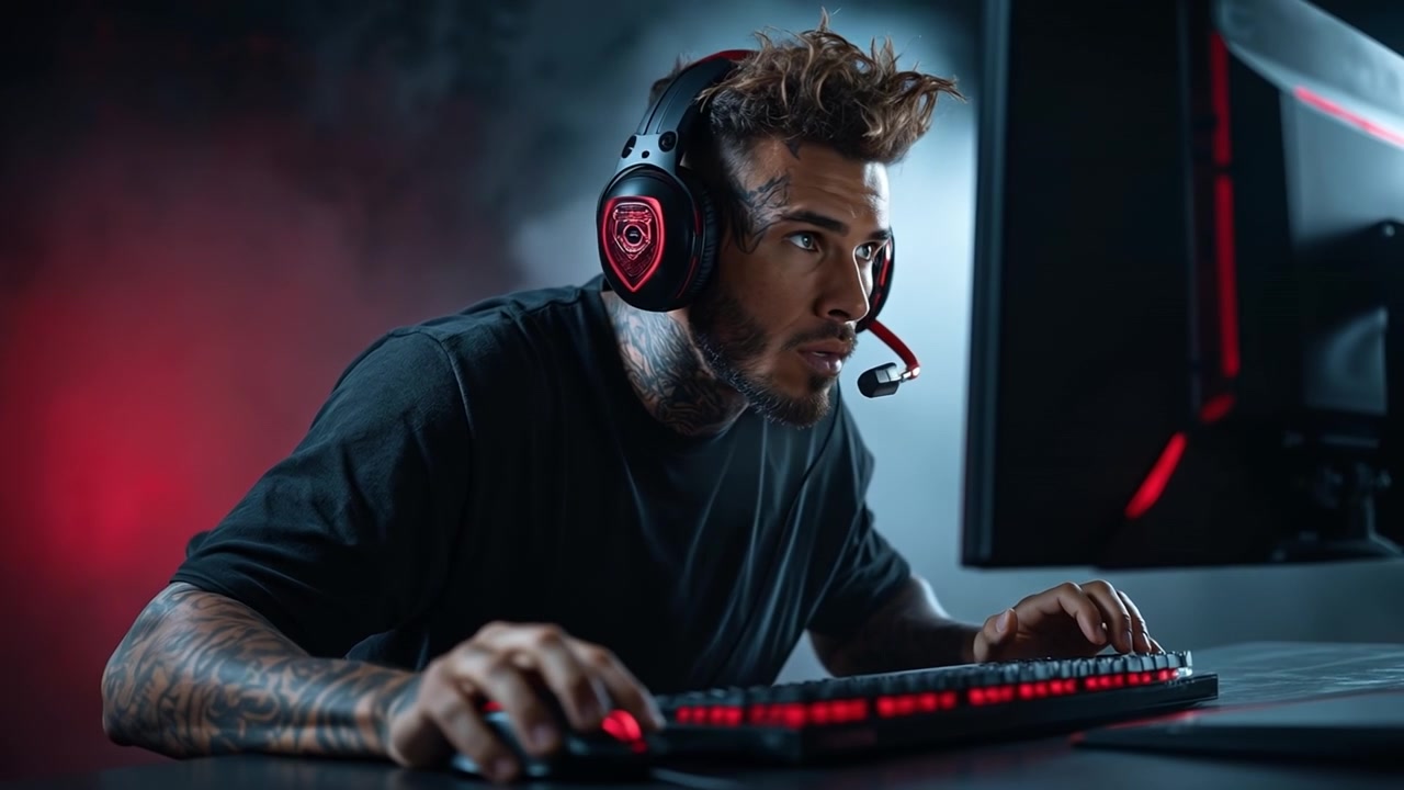 Ein konzentrierter männlicher Gamer trägt ein Headset und benutzt eine Tastatur in einem dunklen Raum.