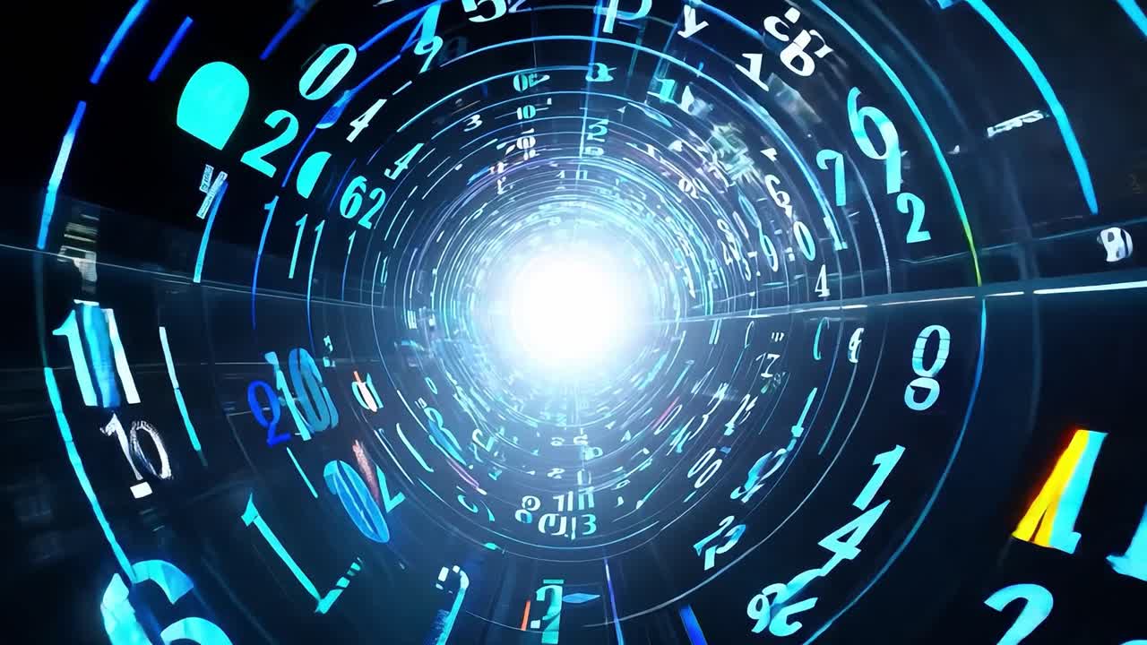 Rotating numbers create a tunnel effect, leading to a bright light at the end, evoking a sense of digital depth