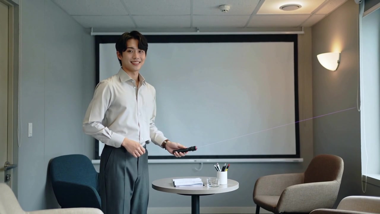 Pressing remote presenter in light shirt pointing laser at screen in meeting room, starting talk