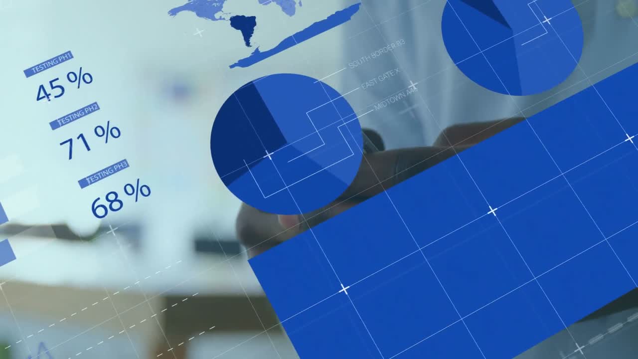 animación del procesamiento de datos estadísticos contra la sección media de un hombre que usa un teléfono inteligente en la oficina