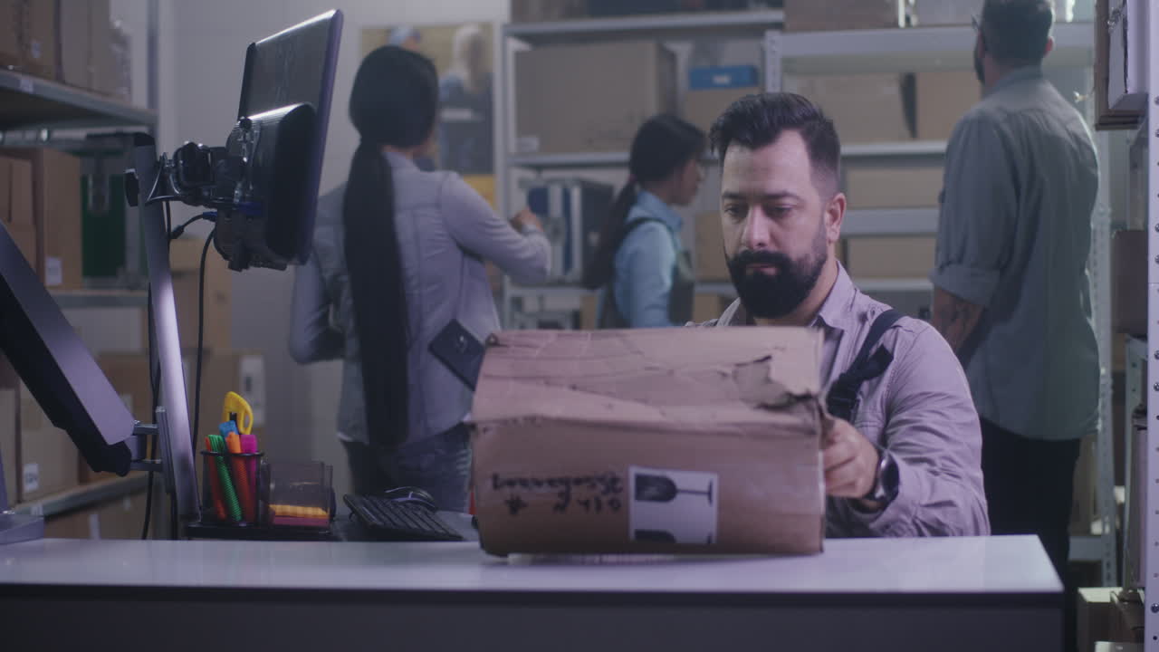 Warehouse worker inspecting a package
