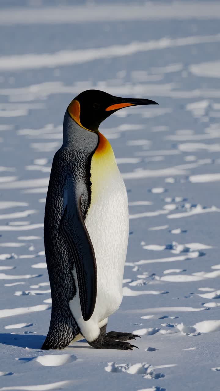 Close-up video still of a penguin standing on snowy terrain, captured from a low angle